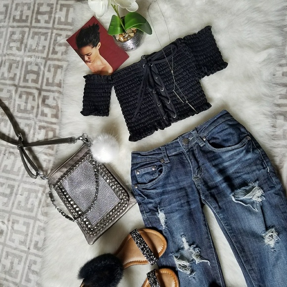Tops - 🆕🖤Black Lettuce Lace Up Bardot🖤